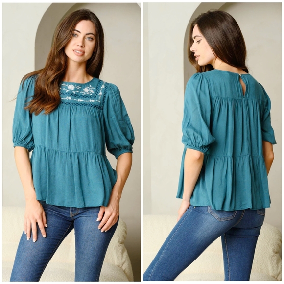 LAST 1❗️POLAGRAM Boho Chic Embroidered Teal Short Sleeves Top - Picture 3 of 5